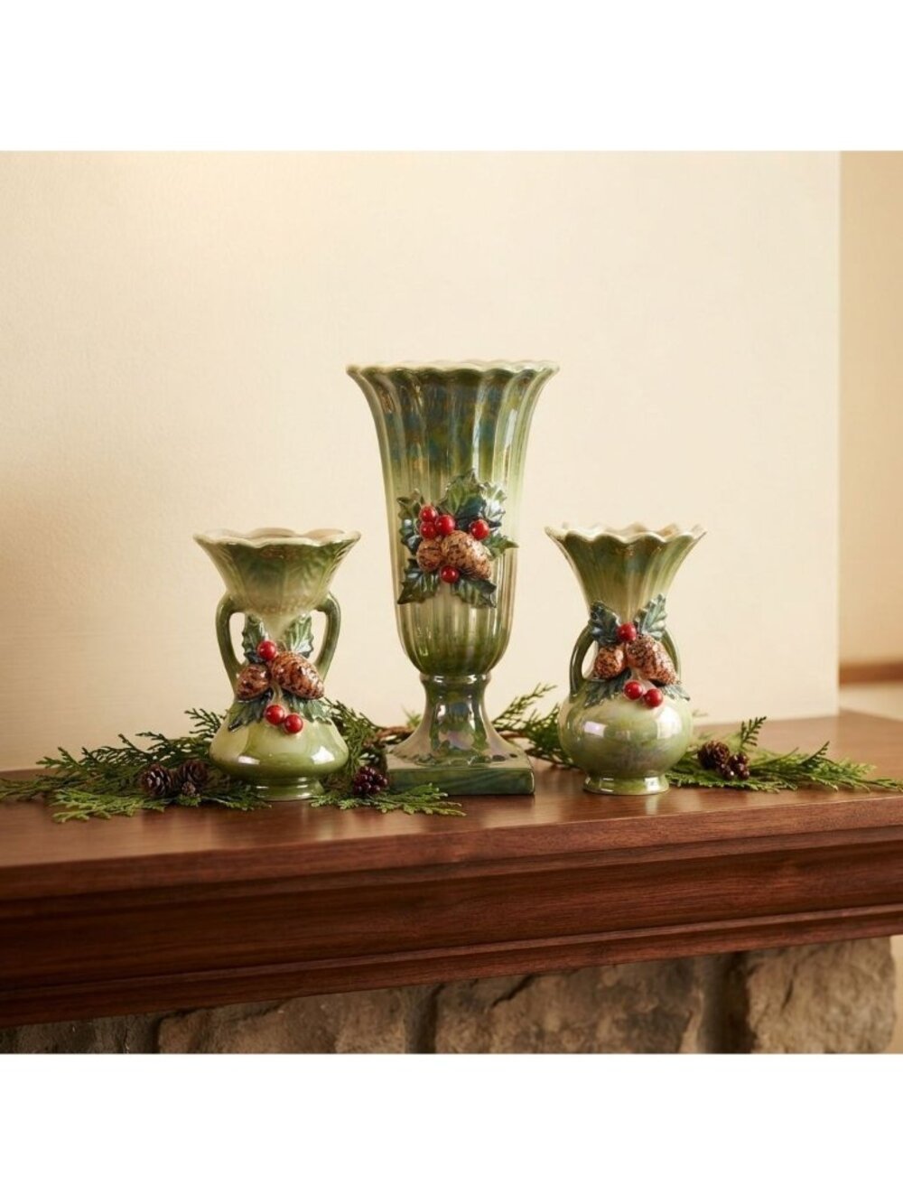 Mid Century Norcrest Japan Pearlescent Green Christmas Urn & Bud Vases Set